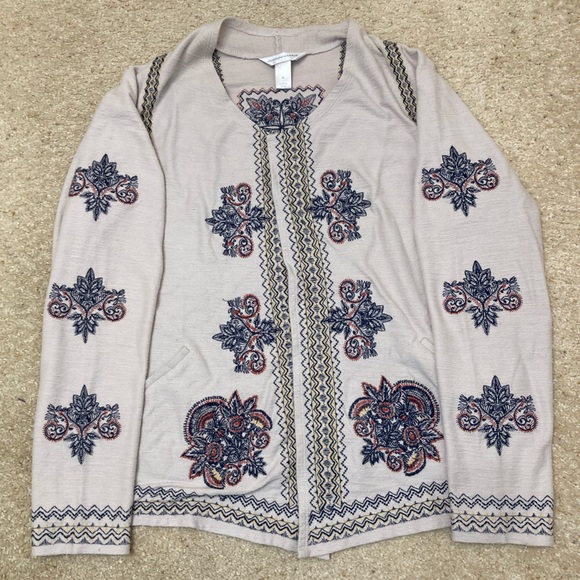Christopher & Banks Sweaters - Christopher & Banks Embroidered Beige Cardigan, Paisley, Floral, Spring, Size XL